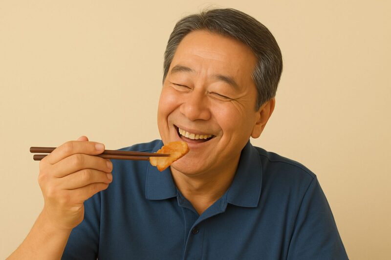 おかずを頬張る男性