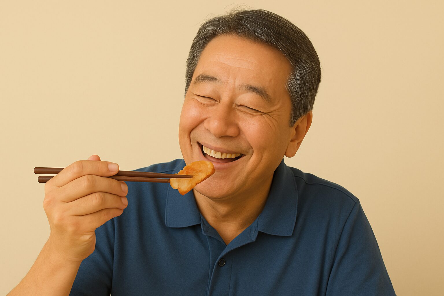 おかずを頬張る男性