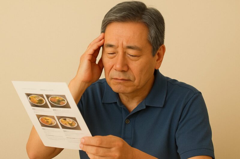 宅配弁当・メニュー選びに悩む男性