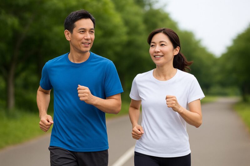 50代男女が爽やかにジョギングしている様子