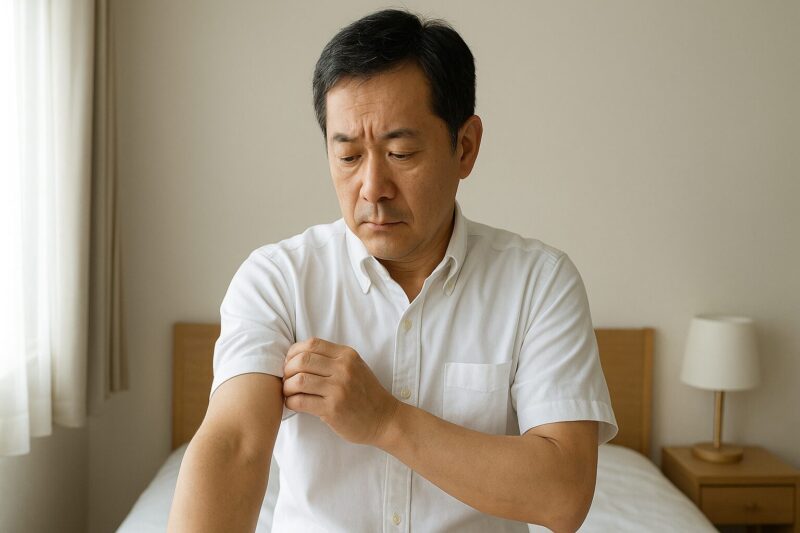 50代男性が腕をつまんで、筋肉が落ちたような気がすると思い悩んだ様子