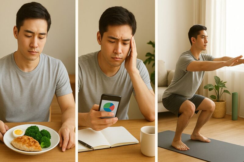 3分割の画像 左から食事・PFC計算・スクワット