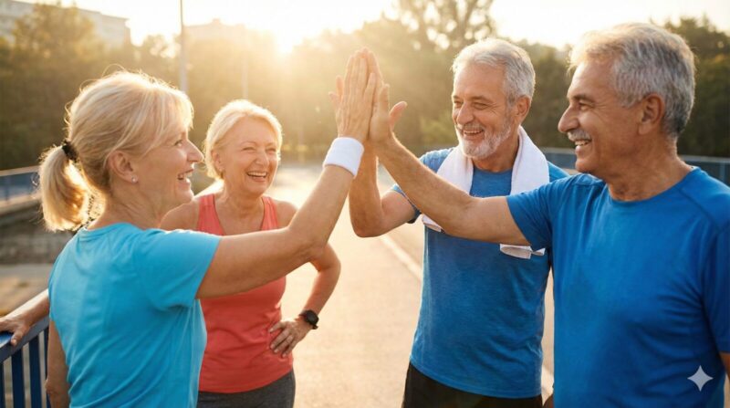 中高年が輪になって、運動後のハイタッチをしている様子