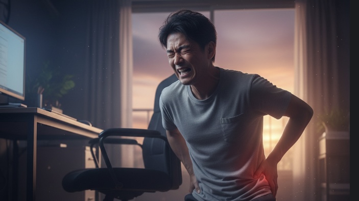 自室にて痛みで座り込む男性