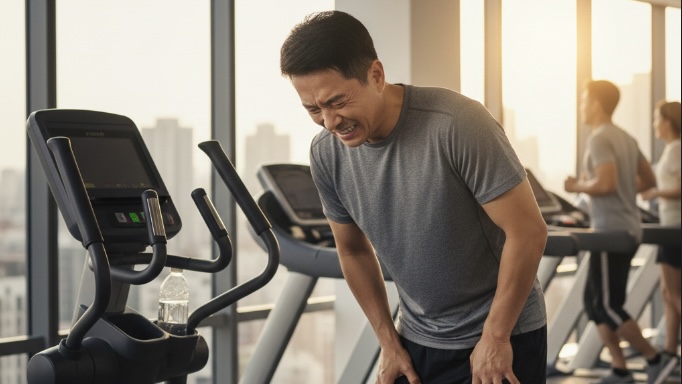 ランニングマシンで足を攣った男性の様子