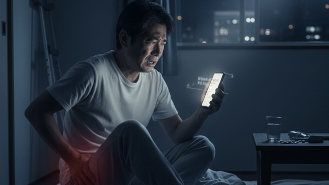 深夜に、足の痛みに耐えながら、不安そうな顔でスマホを操作する男性。