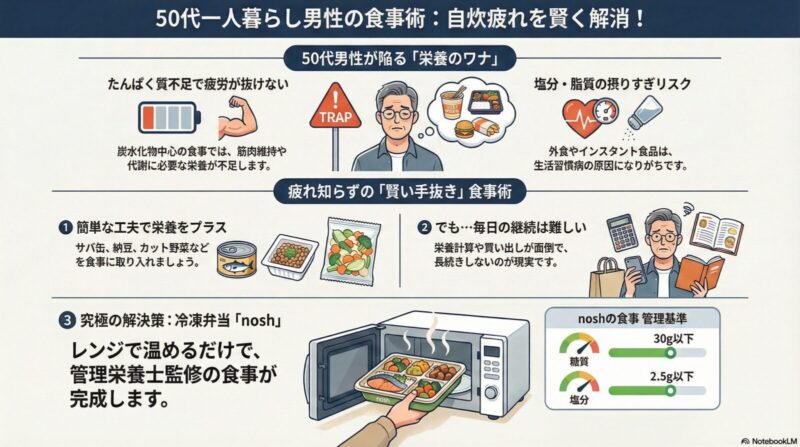 「50代一人暮らし男性｜年末年始の自炊疲れを解消「賢い手抜き」食事術」の概要イラスト
