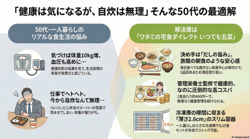 「健康は気になるが、自炊は無理」そんな50代の最適解の要約イラスト