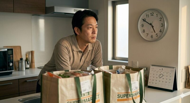 食材買い出しの袋を置いて、物思いにふける男性