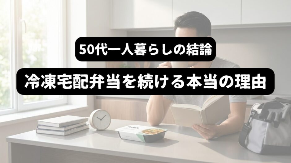 読者しながらコーヒーを飲む男性を背景に「50代一人暮らしの結論　冷凍宅配弁当を続ける本当の理由」の表題