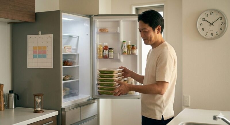 冷凍庫に冷凍弁当を収納する男性