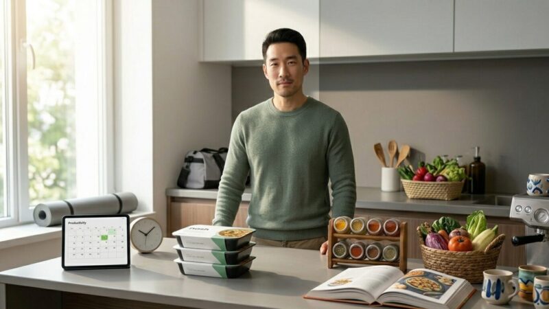 冷凍宅配弁当と食材・レシピ本と男性