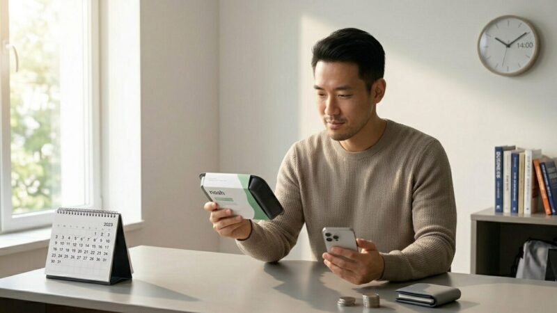 冷凍宅配弁当を片手に持って、スマホで検索（計算）