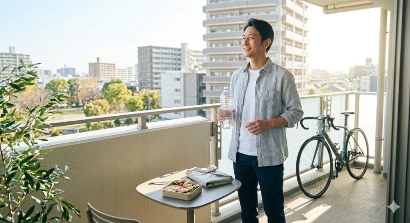 ベランダで水のボトルを持つ男性