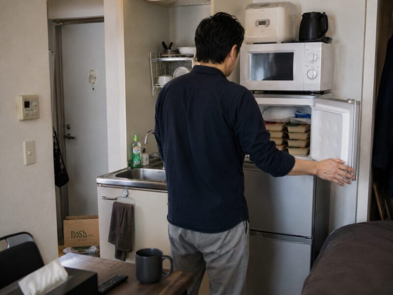 50代一人暮らしの冷蔵庫からナッシュを取り出す様子