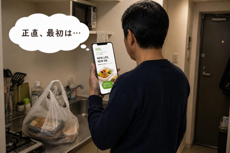 買い物後、キッチンでスマホでナッシュを検索する様子