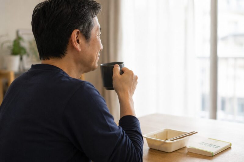 ナッシュを食べ終わって、コーヒーを飲んでいる様子