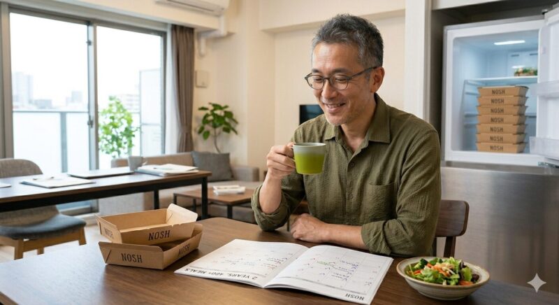 朝の爽やかな光が差し込むアパートのダイニングテーブルで、緑茶を飲みながら、カレンダーに「2 YEARS, 480+ MEALS」と書かれた手書きのメモを見て満足げに微笑む50代の日本人男性。テーブルには、食べ終えたNOSHのトレイと、朝食用と思われるサラダ、背景の冷蔵庫には予備のNOSHが積まれている。カレンダーには、これまで継続してきたことを示すチェックマークがびっしりと書き込まれており、長年の努力と成果を実感している。
