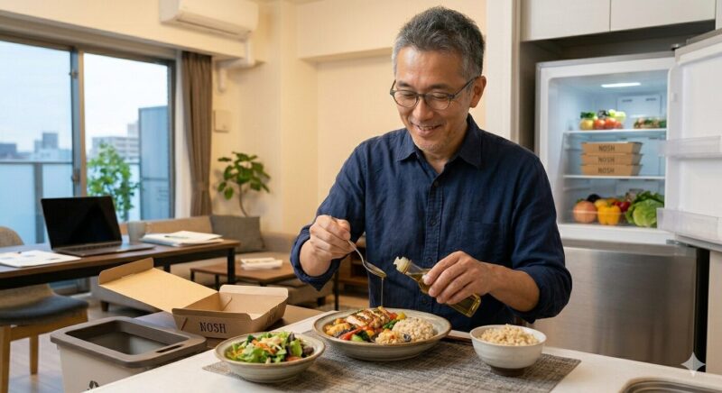 整理整頓されたアパートのキッチンカウンターで、満足げな表情でナッシュ（NOSH）の「鶏肉と野菜のロースト」を陶器の皿に盛り付け直している50代の日本人男性。彼は箸で、オリーブオイルをかけて「工夫」を加えている。テーブルには、食べ終えたNOSHの空箱が、背景の冷蔵庫には予備のNOSHが neatly に並んでいる。窓から差し込む夕光が、彼の健康的な生活へのこだわりを強調している。