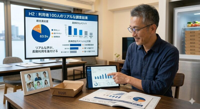 整理整頓されたアパートのダイニングテーブルで、満足げな表情でタブレットを操作し、壁の大きなモニターに表示された「NOSH 利用者実態調査結果 (100名)」のインフォグラフィックを指さしている50代の日本人男性。モニターには、満足度、メリット、デメリットと対策などが、わかりやすい図表として提示されている。テーブルには、食べ終えたNOSHの空箱と、カレンダー、背景の冷蔵庫には予備のNOSHが neatly に積まれている。