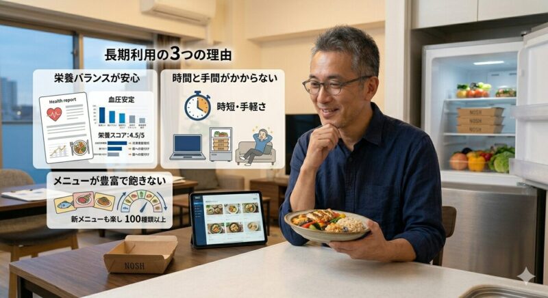 夕暮れの東京の街並みを背景に、整理整頓された modern なアパートのダイニングテーブルで、真剣な表情でタブレットとラップトップを使用し、壁の大きなモニターに表示された「NOSH 利用者実態調査結果 (100名)」のデータダッシュボードを見つめる50代の日本人男性。モニターには、満足度や継続期間、デメリットと対策などが、詳細なデータとして提示されている。テーブルには、食べ終えたNOSHの紙トレイ、背景の冷蔵庫には予備のNOSHが neatly に積まれている。