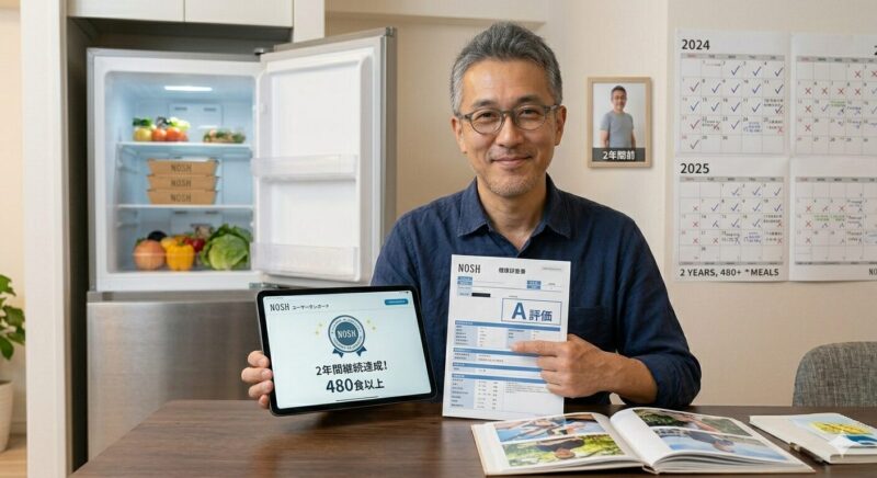 柔らかな自然光が差し込む整理されたダイニングで、自信と満足感に満ちた笑みを浮かべてカメラを見る50代の日本人男性。彼は2年間継続したナッシュの注文履歴が表示されたiPadを手に持ち、もう片方の手で『A評価』と記された健康診断の結果報告書を指している。背景には、2年前と現在の彼を比較する写真立てや、充実した時間を示す趣味のカメラ、整理された本棚が見え、ナッシュの継続がもたらした健康と心の余裕を体現している。