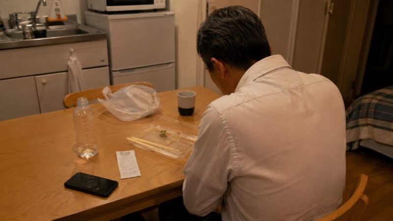 コンビニ弁当の空容器を前に座る50代一人暮らし男性の後ろ姿
