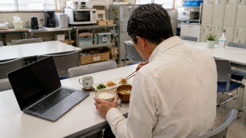 休憩室で、ノートPCとコーヒーを置き、落ち着いて昼食をとる50代男性の後ろ姿