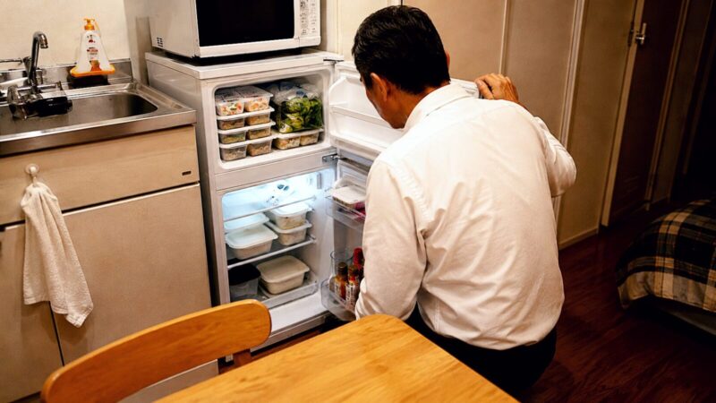 整然と整理された冷凍庫を見て安心した表情を見せる50代一人暮らし男性の後ろ姿