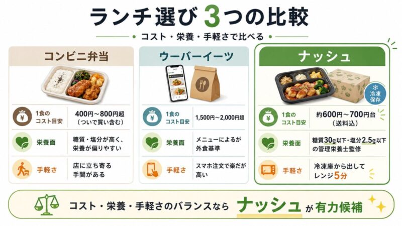 ナッシュ-コンビニ弁当-ウーバーイーツ-比較のイメージ画像