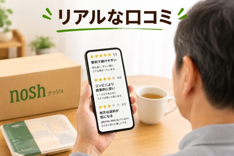 nosh(ナッシュ)の利用者口コミをスマートフォンで確認する男性の様子と、冷凍弁当や配送箱を配置した口コミ紹介イメージ画像
