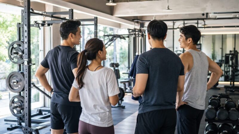 明るいスポーツジムで3男女と談笑する50代男性の後ろ姿