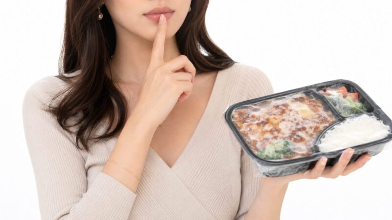 冷凍弁当を持ち申し込み前の確認を促す女性の口元と手元