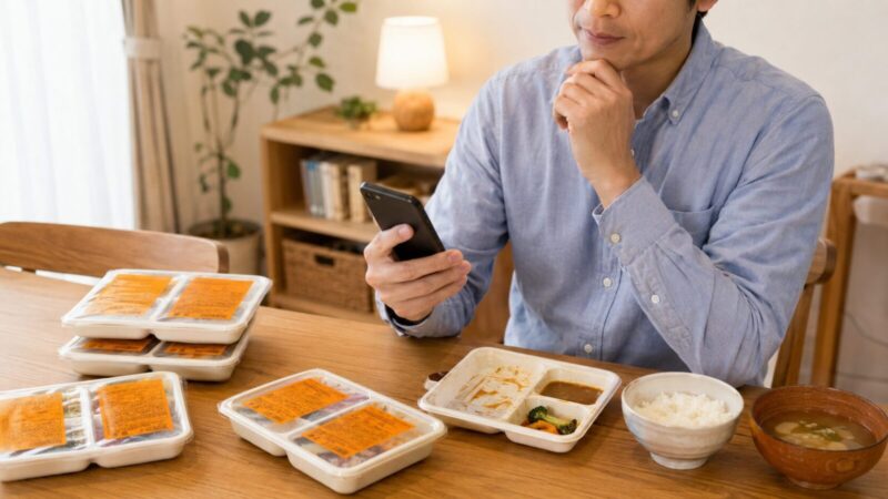デリピックスのお試し後に定期購入するかスマホで考える50代男性の様子