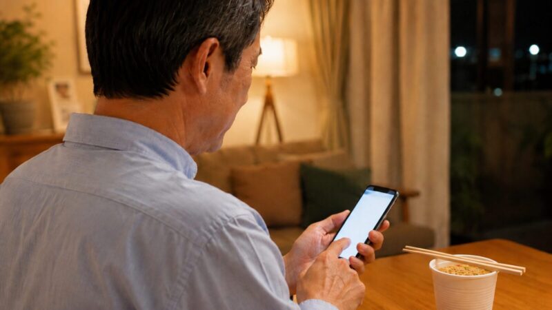 デリピックスのお試しセット注文方法をスマホで確認する50代男性の後ろ姿
