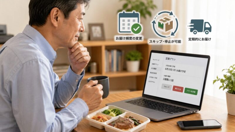 デリピックスの定期購入画面を確認しながら食事する50代男性の様子