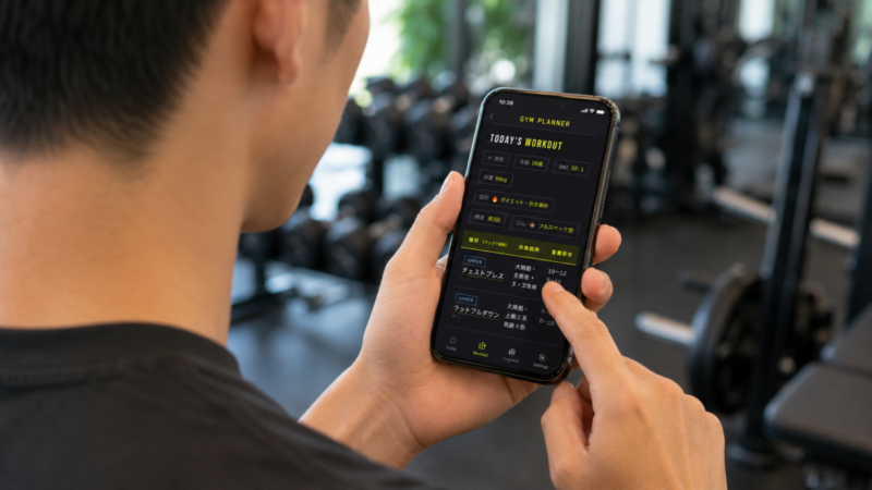 GYM PLANNERの今日のトレーニングメニューをスマートフォンで確認する男性の手元