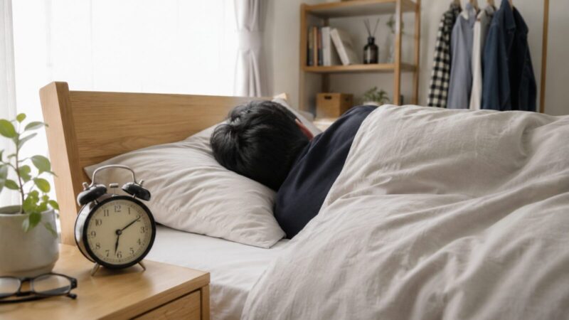 朝の光が差し込む寝室で、目覚まし時計のそばで眠る男性の後ろ姿。