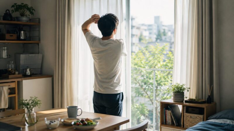 朝の光が差し込む部屋で、窓辺に立って伸びをする男性の後ろ姿。