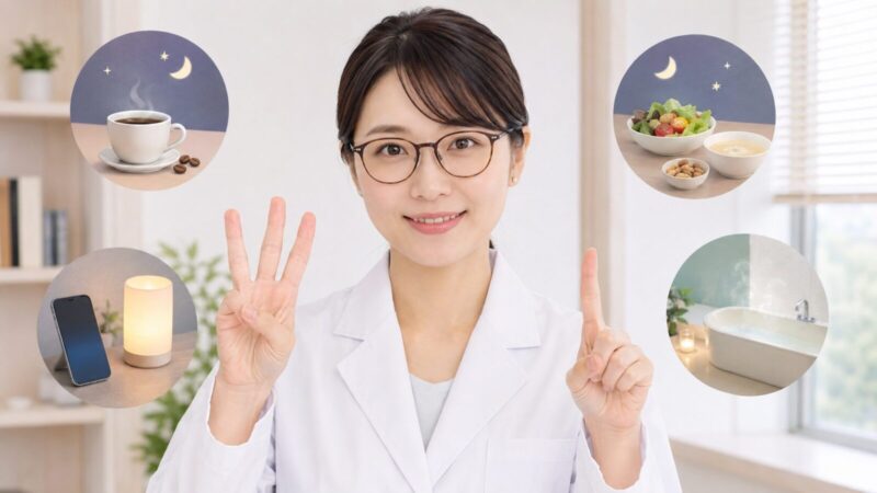白衣を着た眼鏡の女性が、カフェイン・就寝前のスマホ・夜食・入浴の4つの睡眠習慣を指で示している場面。