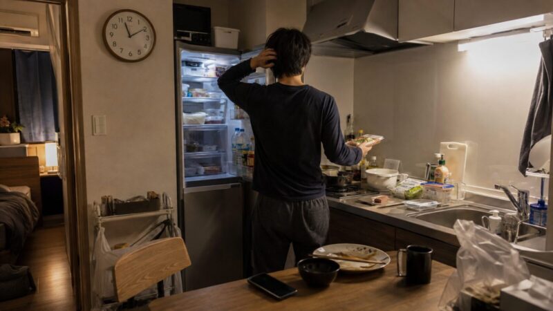 夜遅くのキッチンで、開いた冷蔵庫を前に夕食を考えながら頭を抱える男性の後ろ姿。