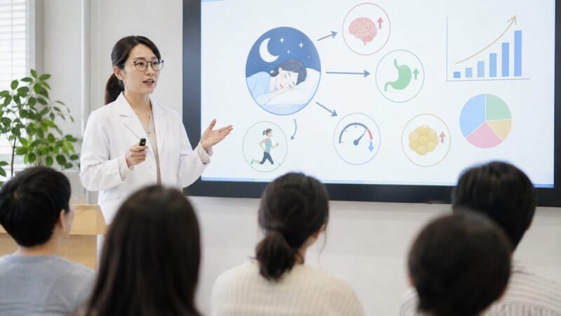 白衣を着た眼鏡の女性が、睡眠と食欲・代謝・活動量の関係を示す図をスクリーンで解説している明るい講義風の場面。