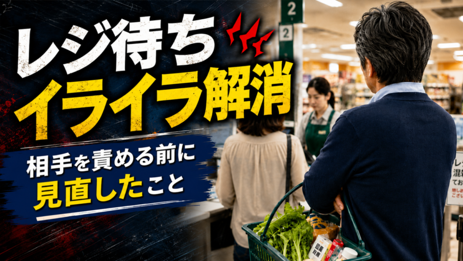 スーパーのレジ待ちでイライラしながら順番を待つ50代男性の後ろ姿