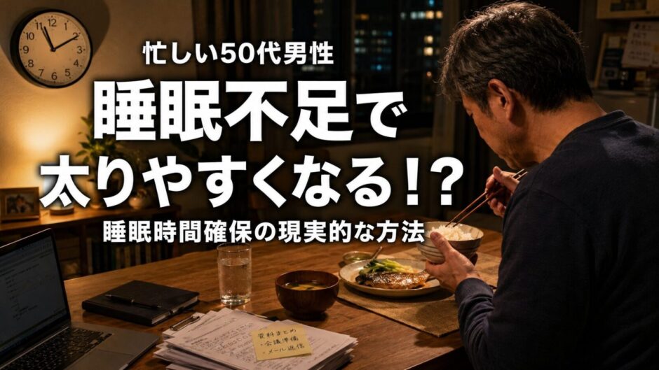 夜遅く、仕事資料が広がる食卓で夕食をとる50代男性と「睡眠不足で太りやすくなる!?」の文字。
