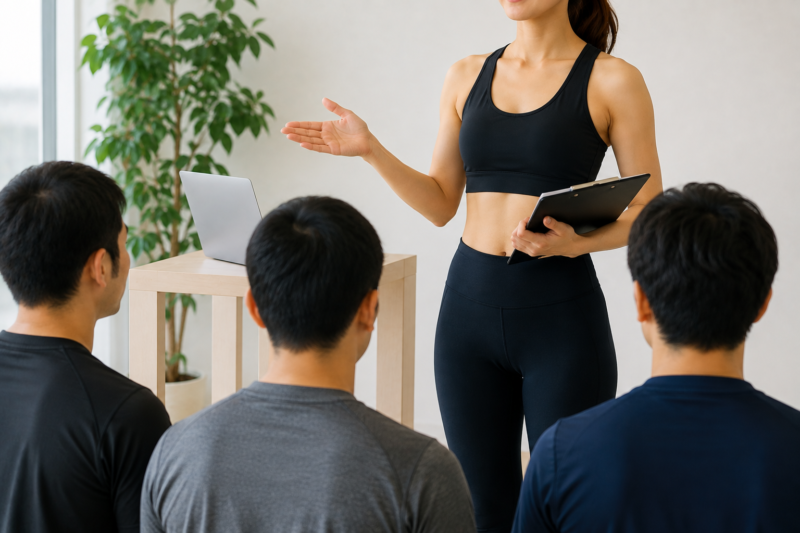 トレーニングウェアのインストラクター風の女性がセミナーする様