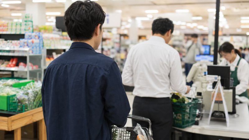 レジ待ちでイライラする男性の後ろ姿