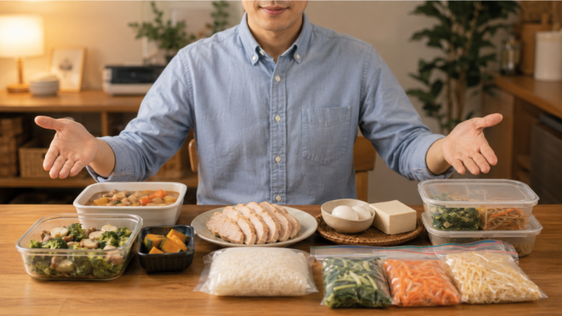 夕飯を作りたくない日に備えた作り置きや冷凍ごはんなどを紹介する男性