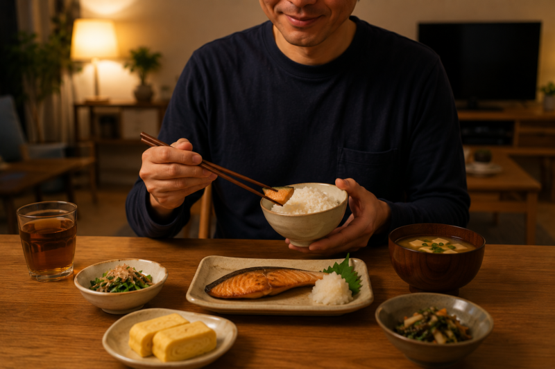 夕飯を作りたくない日の選択肢を使いながら、一汁三菜の和食を食べる男性