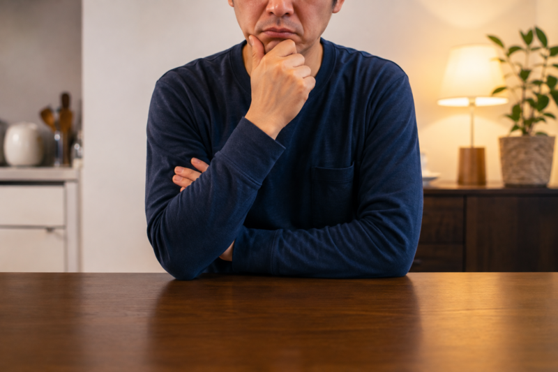 夕飯作りの手間を減らす方法を考えながら、食卓で思案する男性