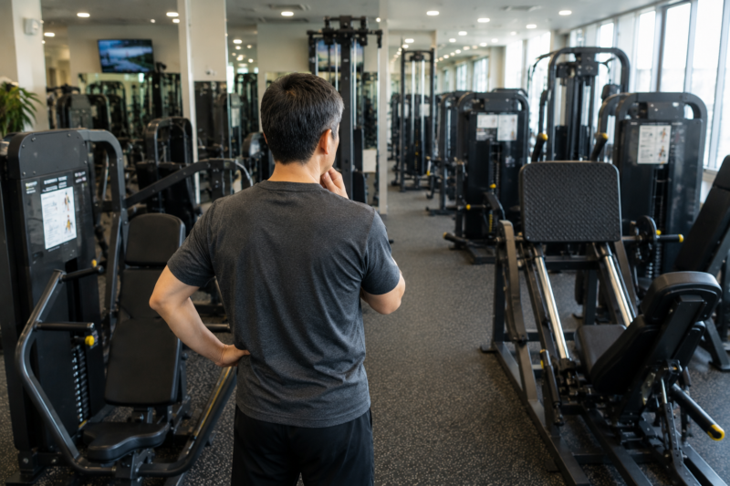 明るいスポーツジムで、多数のトレーニングマシンを前に、何をするか考えながら立つ50代男性の後ろ姿。